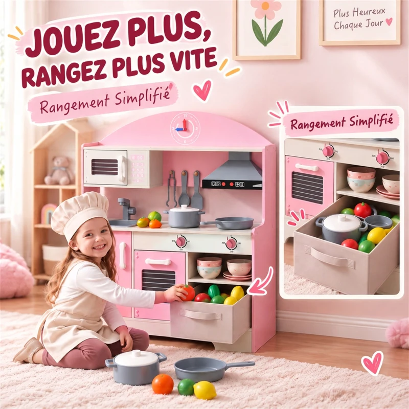 AIYAPLAY Cuisine Enfant avec Lumières et Sons, Cuisine de Jeu avec Tiroir en Tissu et 5 Accessoires, pour Enfants 3-6 Ans, Rose