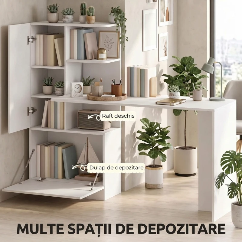 HOMCOM Birou pentru calculator cu bibliotecă și dulap, 150 cm, alb