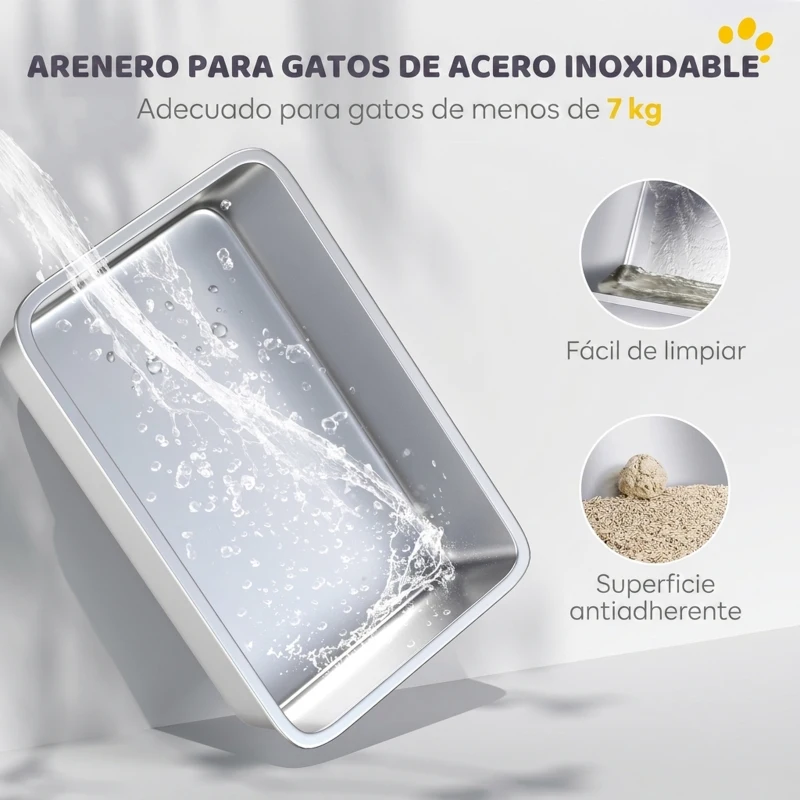 PawHut Arenero para Gatos de Acero Inoxidable XL con Tapa Abatible Caja de Arena Cerrada Borde Alto 2 Entradas Pala Metálica