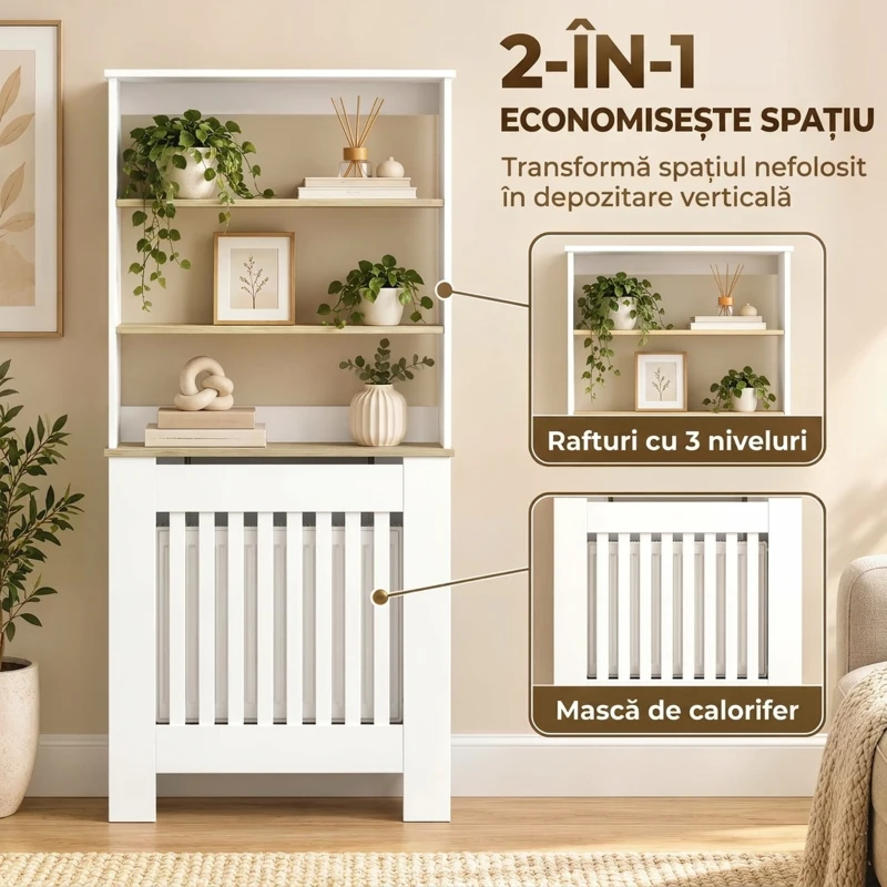 HOMCOM Mască pentru calorifer cu lamele și 3 polițe, acoperire modernă din MDF pentru living, 78x19x165 cm, alb