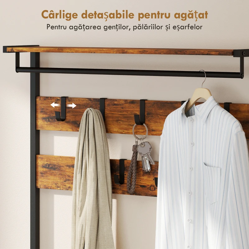 HOMCOM Cuier de Podea 5 în 1, 181,5 cm, cu Bancă și Suport pentru Încălțăminte, 10 Cârlige, Metal, Maro Rustic