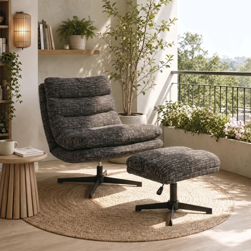 HOMCOM Sessel mit höhenverstellbarem Fußhocker 360° drehbarer Chenille-Lesesessel Breiter Sitz Dicke Polsterung Grau