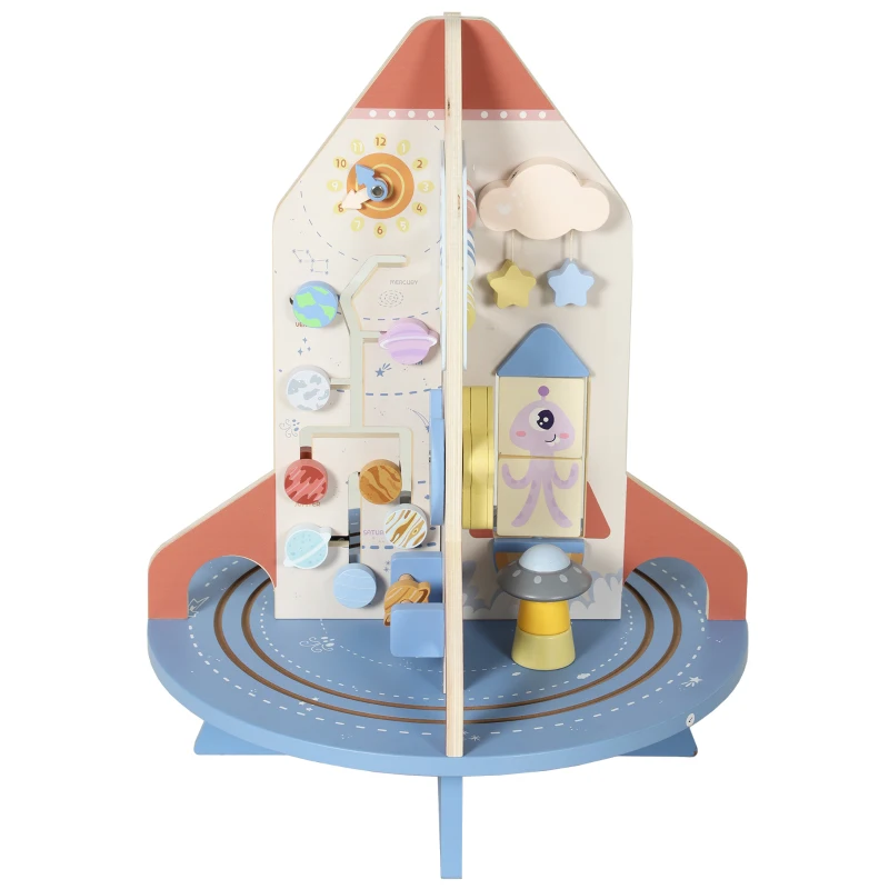 AIYAPLAY Cube d'Activités en Bois Thème Fusée, Cube Éducatif avec Trieur de Formes et Labyrinthe de Perles, pour 2 à 6 Ans