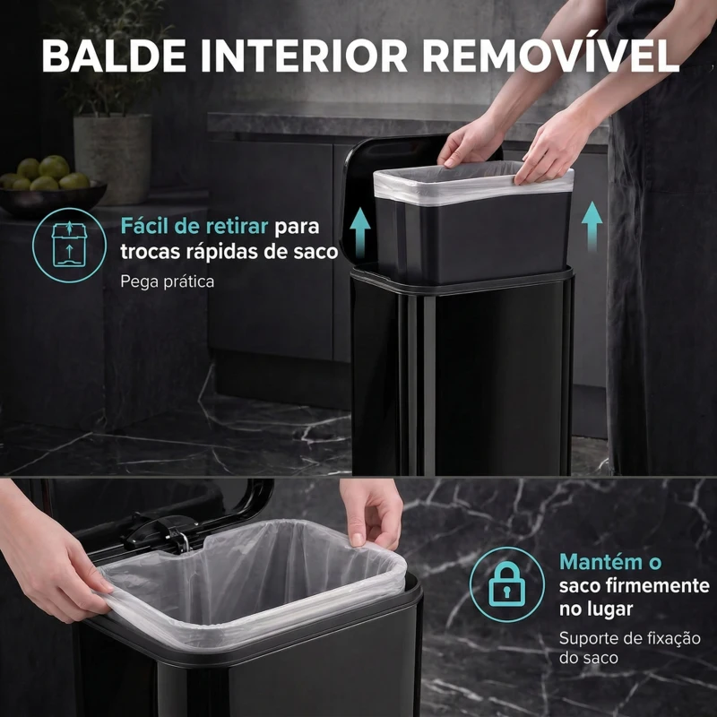 HOMCOM Caixote do Lixo para Cozinha 20 L em Aço Galvanizado com Tampa de Fecho Suave, Pedal, Balde Removível e Antiimpressões Digitais, Preto