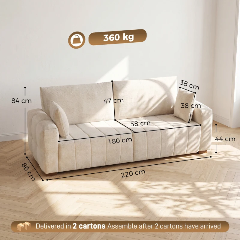 HOMCOM 3-Sitzer Sofa mit bodentiefen Armlehnen gepolsterte Wohnzimmercouch Holzbeine Cremeweiß