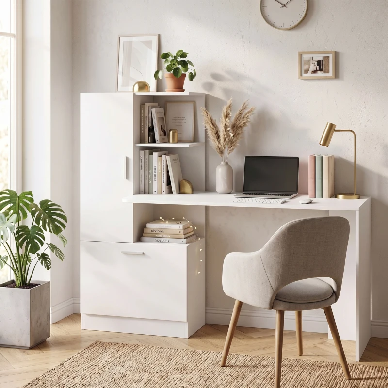 HOMCOM Scrivania per Computer con Libreria e Armadietto, 150 cm, Bianco