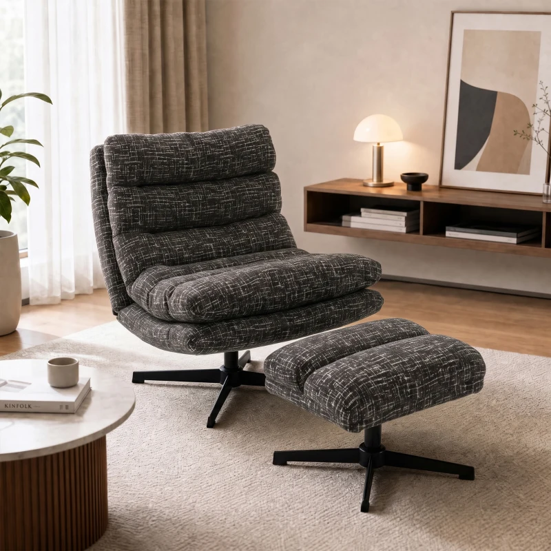 HOMCOM Sessel mit höhenverstellbarem Fußhocker 360° drehbarer Chenille-Lesesessel Breiter Sitz Dicke Polsterung Grau