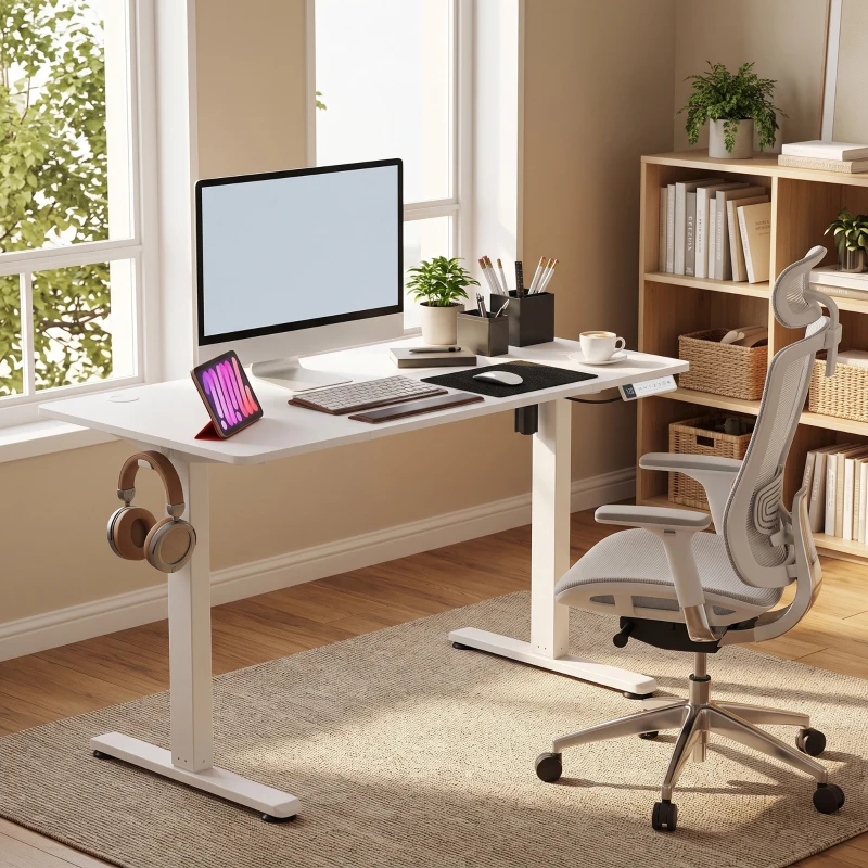 HOMCOM Bureau Assis Debout Électrique 120 x 60 cm avec Écran LCD, Bureau Électrique Réglable en Hauteur avec 3 Mémoires, Blanc