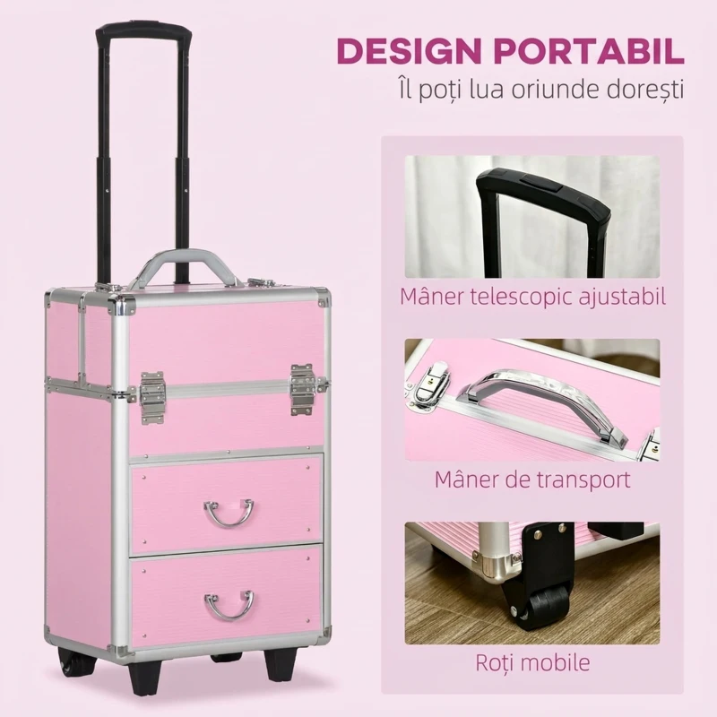 HOMCOM Husa pentru calatorii de machiaj, carucior mare de depozitare pentru produse cosmetice, portbagaj pentru carucior de calatorie cu blocare cu tavi pliabile, roti pivotante si chei, roz