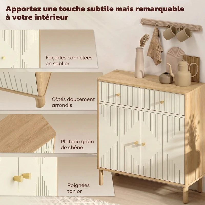 HOMCOM Buffet, meuble de rangement cannelé avec plateau effet chêne, 2 tiroirs, 2 portes, étagère réglable, 77x30x80cm, crème