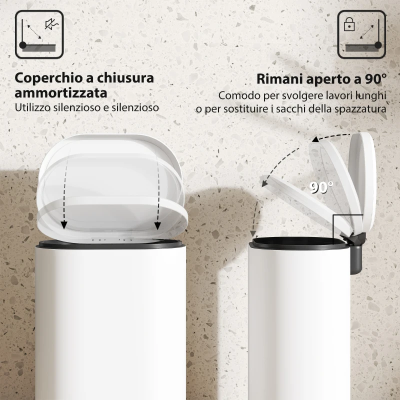 HOMCOM Pattumiera Rettangolare a Pedale 12L in Metallo con Secchio Interno Rimovibile, Chiusura Ammortizzata, Bianco