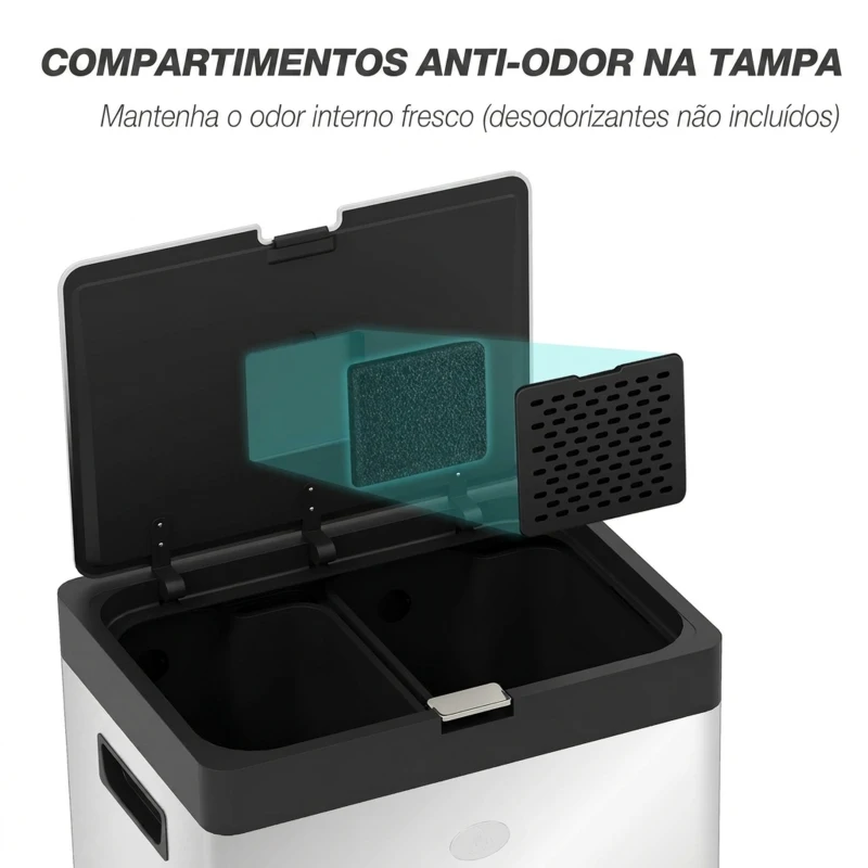 HOMCOM Caixote do Lixo de Cozinha 3 Compartimentos 2x18L+20L (56L) em Aço Inoxidável com Rodas e Tampa de Fecho Suave, Prateado