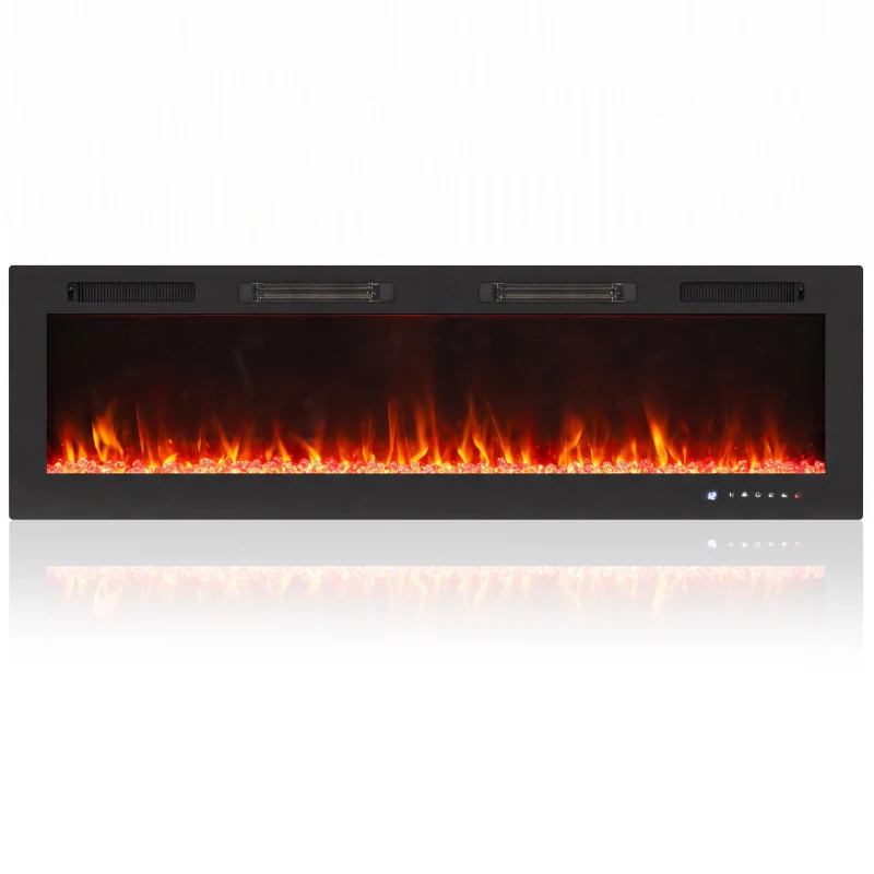 HOMCOM Șemineu Electric Încastrabil cu Flacără Independentă, 3 Moduri de Încălzire și Telecomandă, 152,4 x 9,4 x 47 cm, Negru