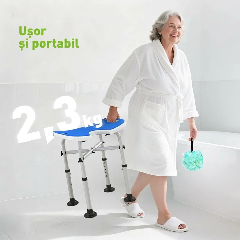 HOMCOM Taburet de duș reglabil pe înălțime cu mâner, șezut căptușit în formă de U și picioare antiderapante, albastru