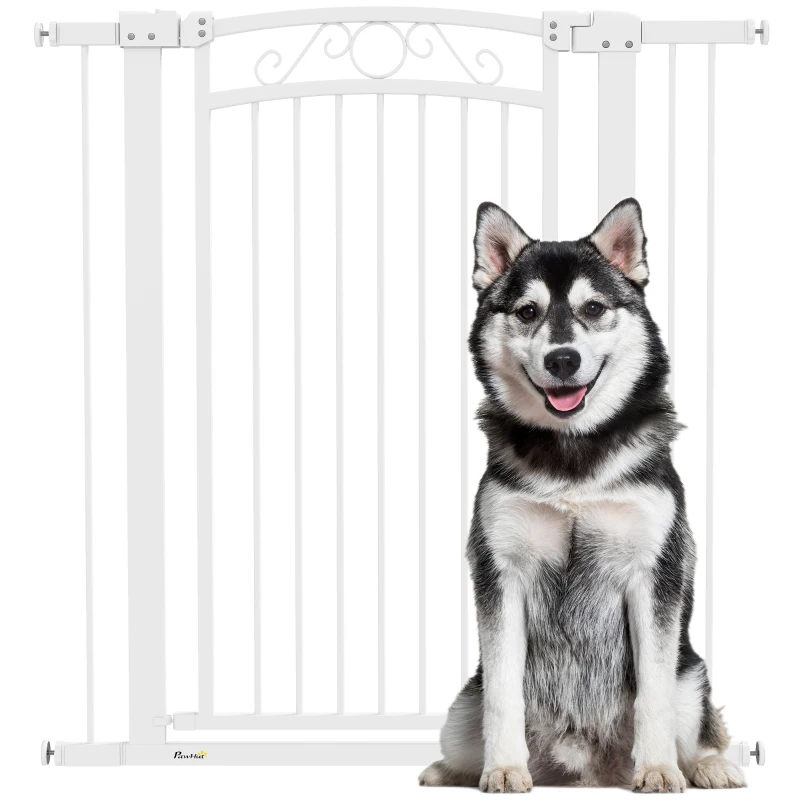 PawHut Barrière de sécurité intérieure pour chiens avec 2 extensions 76-104 cm, pour couloirs et escaliers, Blanc