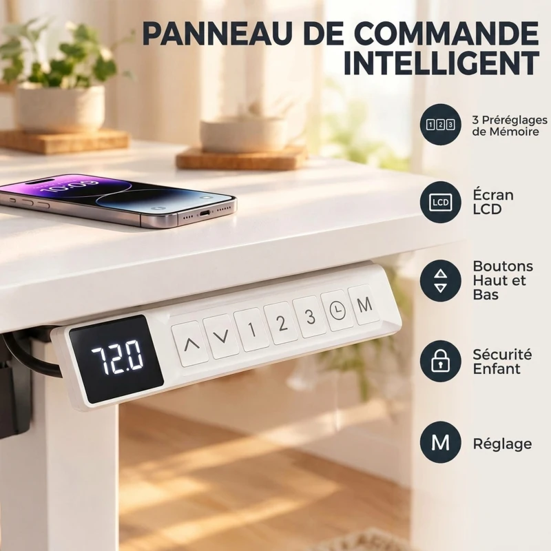 HOMCOM Bureau Assis Debout Électrique 120 x 60 cm avec Écran LCD, Bureau Électrique Réglable en Hauteur avec 3 Mémoires, Blanc