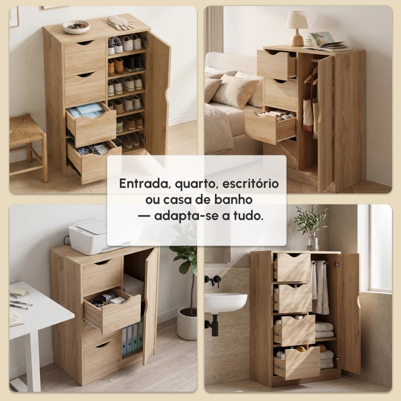 HOMCOM Armário de Sala de Estar Aparador Auxiliar com 4 Gavetas 1 Armário e Prateleira Inferior Móvel de Armazenamento Múltiuso para Dormitórios Sala de Jantar 54x29x83cm Carvalho