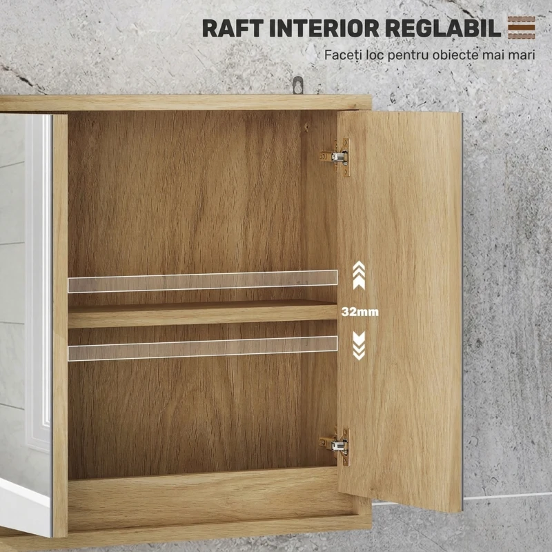 HOMCOM Dulap de Baie cu Oglindă, 2 Uși și Raft Reglabil, 48 x 14,5 x 45 cm, Culoarea Lemnului