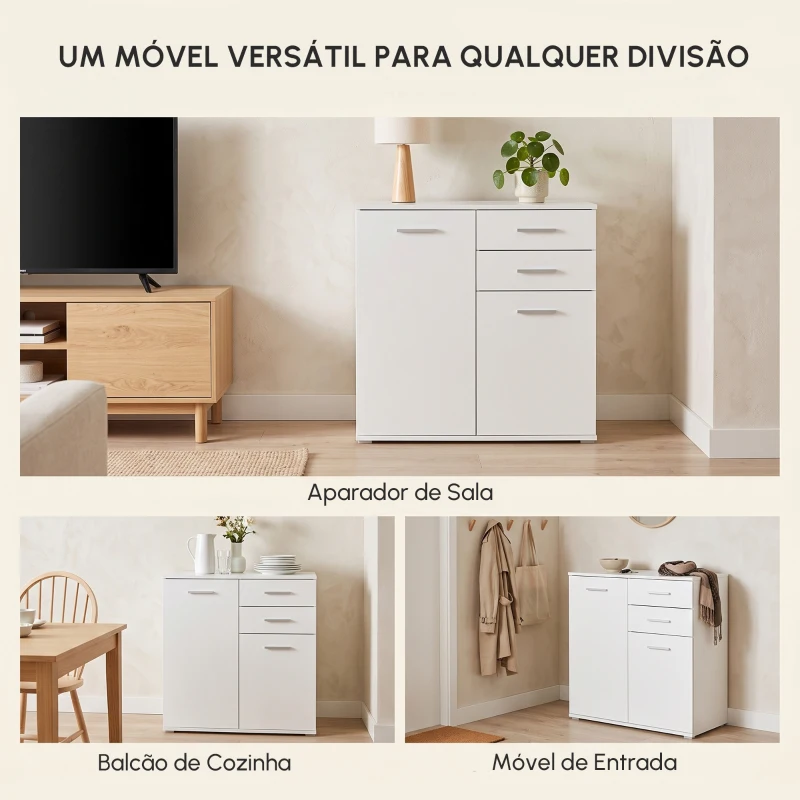 HOMCOM Armário Aparador Multiuso com Portas e Gavetas Amplo Espaço de Armazenamento para Sala de Estar 71x35x76cm Branco