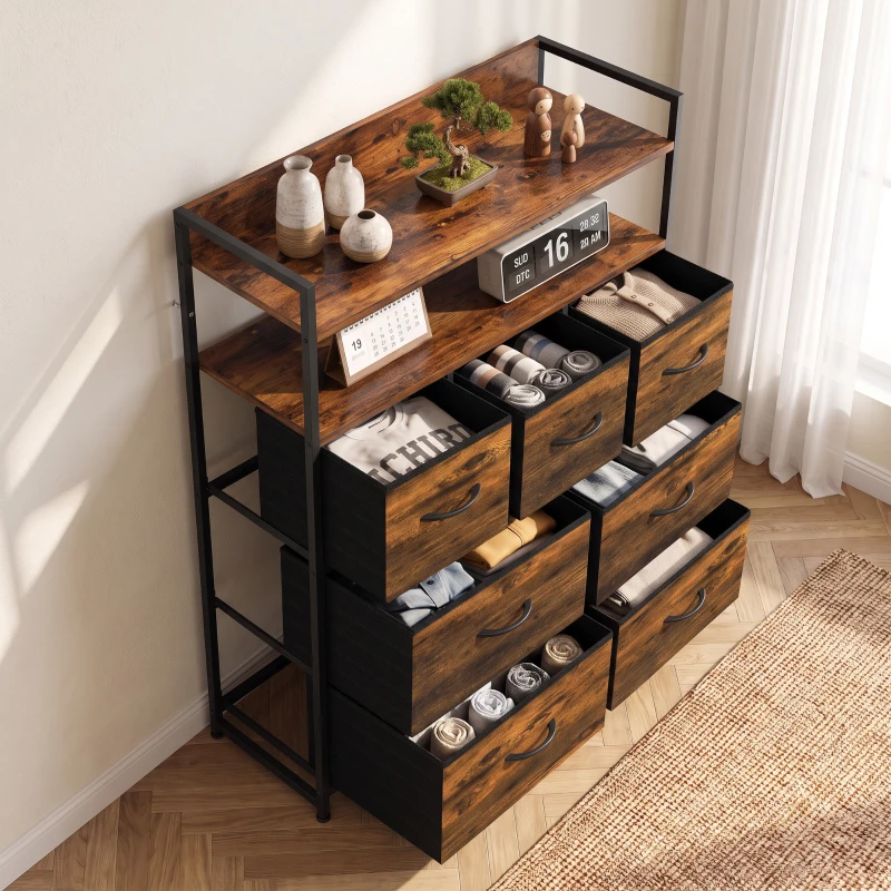 HOMCOM Cómoda de Tela con 7 Cajones y 2 Estantes de Estilo Industrial con Marco de Acero 79x29x101 cm Marrón Rustico