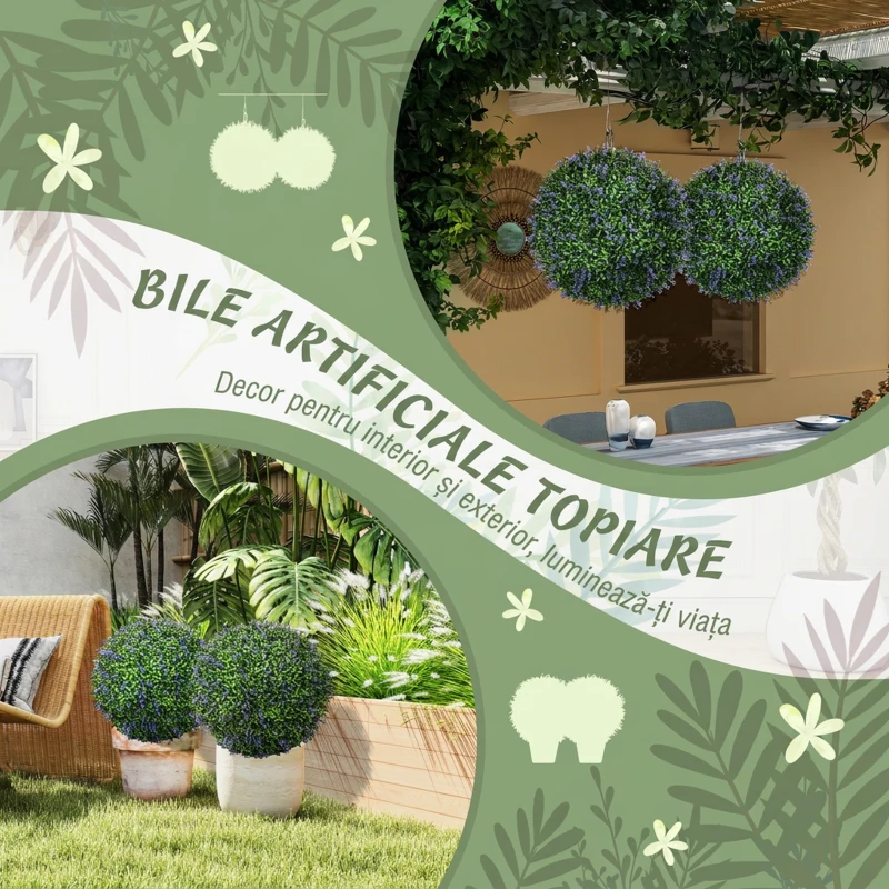 HOMCOM Set de 2 plante artificiale sferice cu flori de lavandă pentru casă și grădină Ø42cm, verde și violet