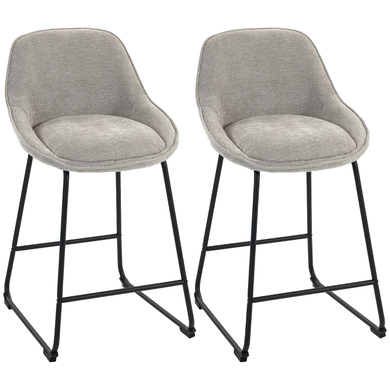 HOMCOM Lot de 2 Tabourets de Bar, Chaises de Bar en Chenille, Assise Rembourrée 64H cm, Dossier et Repose-Pieds, Gris
