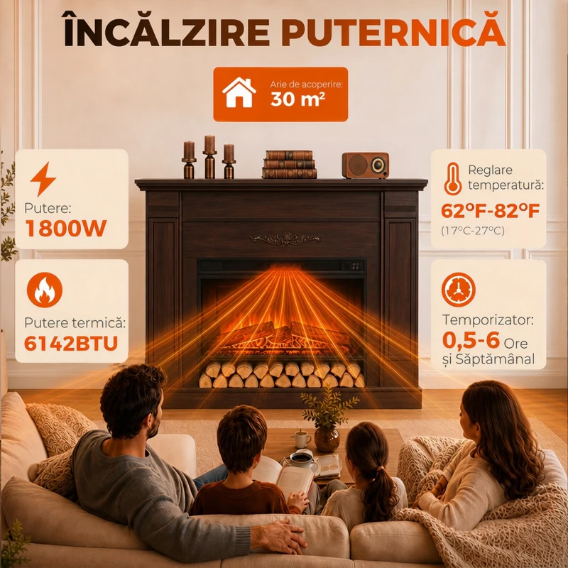 HOMCOM Șemineu electric de podea/încastrabil, 1800 W, cu ramă, raft pentru TV de până la 55", efect de flacără 3D și timer, maro