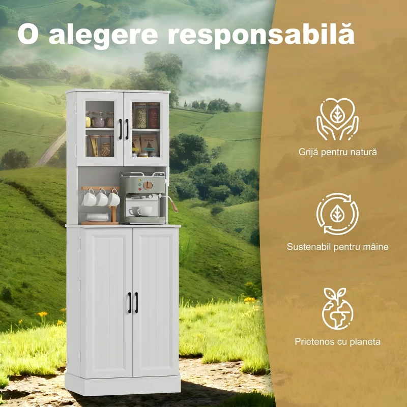 HOMCOM Bufet înalt de bucătărie 180 cm, 8 rafturi pentru condimente pe uși, uși din acril, raft reglabil, orificiu pentru cabluri, alb