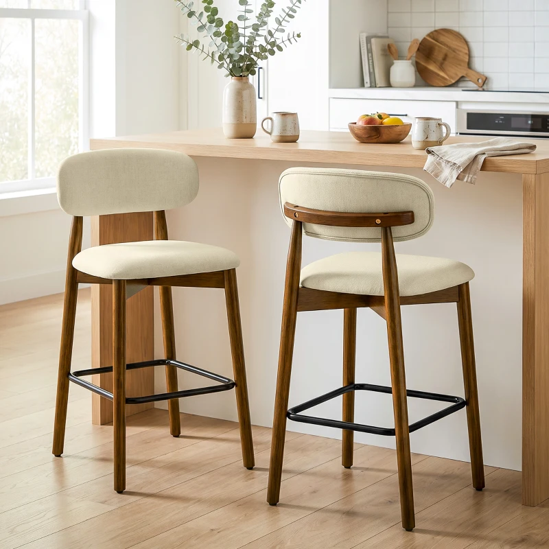 HOMCOM Bar Stools Curved Open Back Padded Seat Footrest Set of 2 for Kitchen Beige