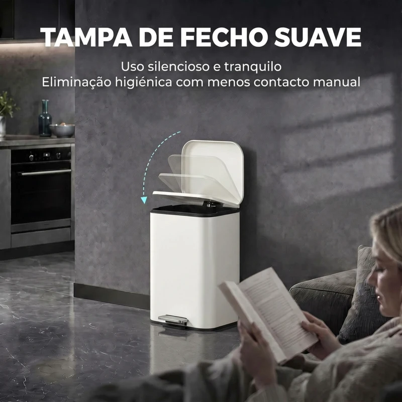 HOMCOM Caixote do Lixo de Cozinha 20 L em Aço Galvanizado com Tampa de Fecho Suave, Pedal, Balde Interior Amovível e Acabamento Anti-impressões Digitais Creme