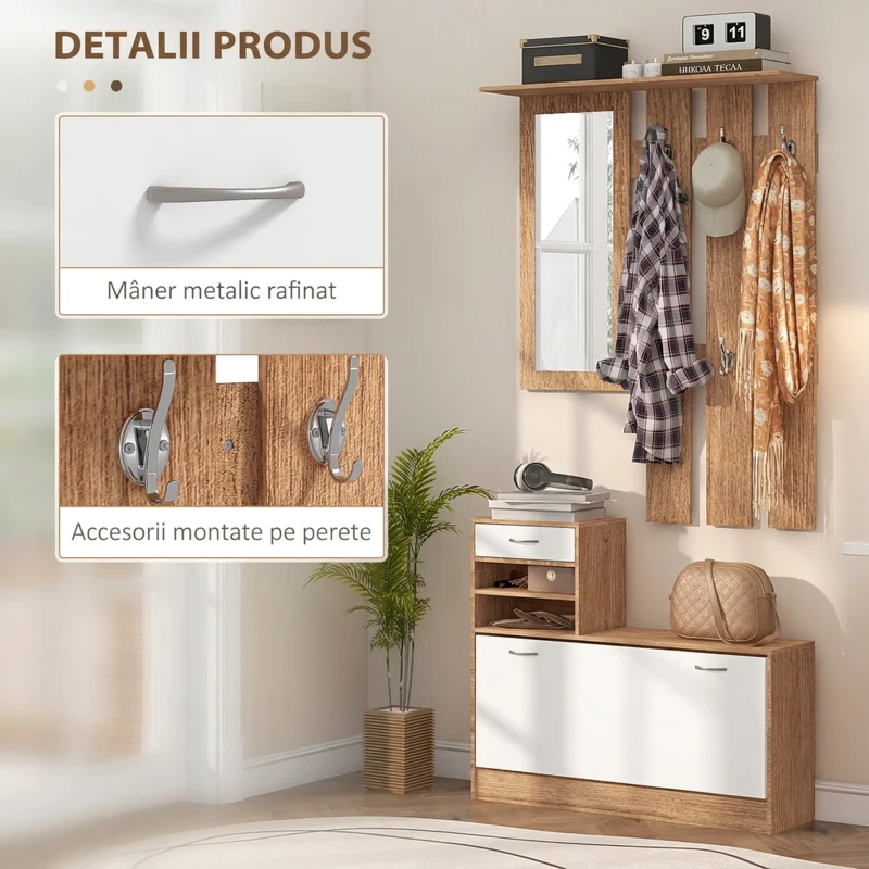 HOMCOM Mobilier Cuier 3 în 1 cu Suport pentru Pantofi și Oglindă, Cârlige și Sertare, din Lemn, 90x24x177 cm, Alb și Nuc