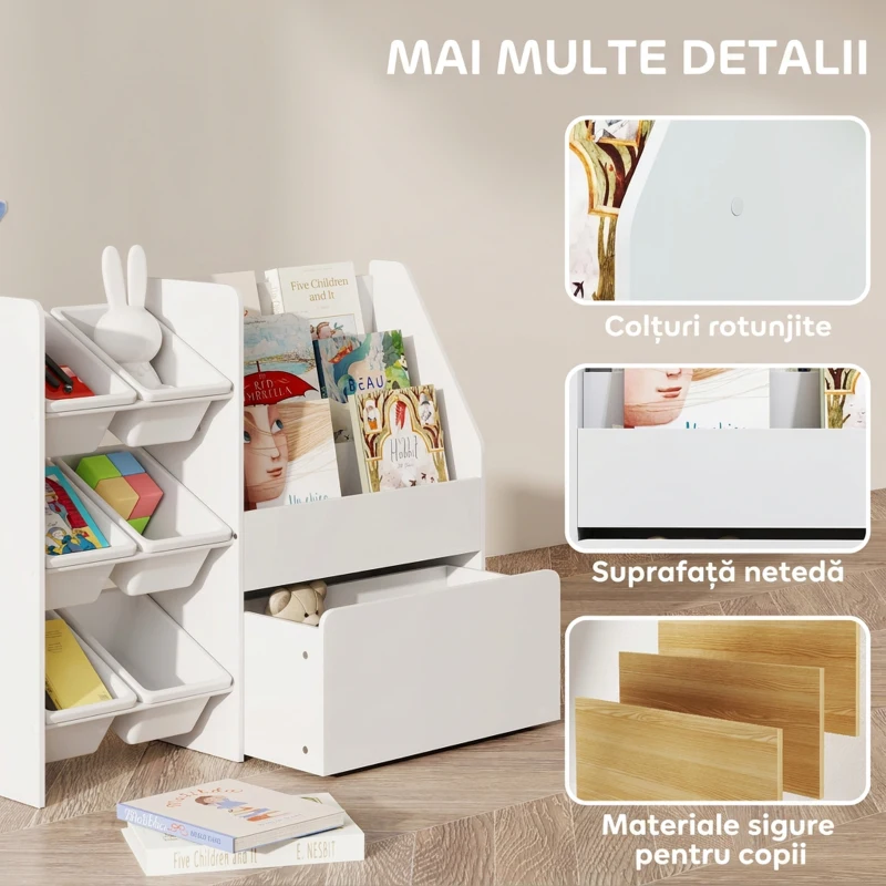 AIYAPLAY Raft pentru Jucării cu 6 Coșuri, 3 Rafturi și Cutie Inferioară, din Lemn, Plastic și Oțel, 100x30x80 cm, Alb