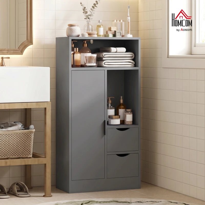 HOMCOM Mobilier pentru baie, dulap de depozitare îngust cu 2 sertare, compartimente deschise, 50x25x100cm, gri