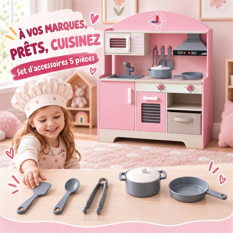 AIYAPLAY Cuisine Enfant avec Lumières et Sons, Cuisine de Jeu avec Tiroir en Tissu et 5 Accessoires, pour Enfants 3-6 Ans, Rose