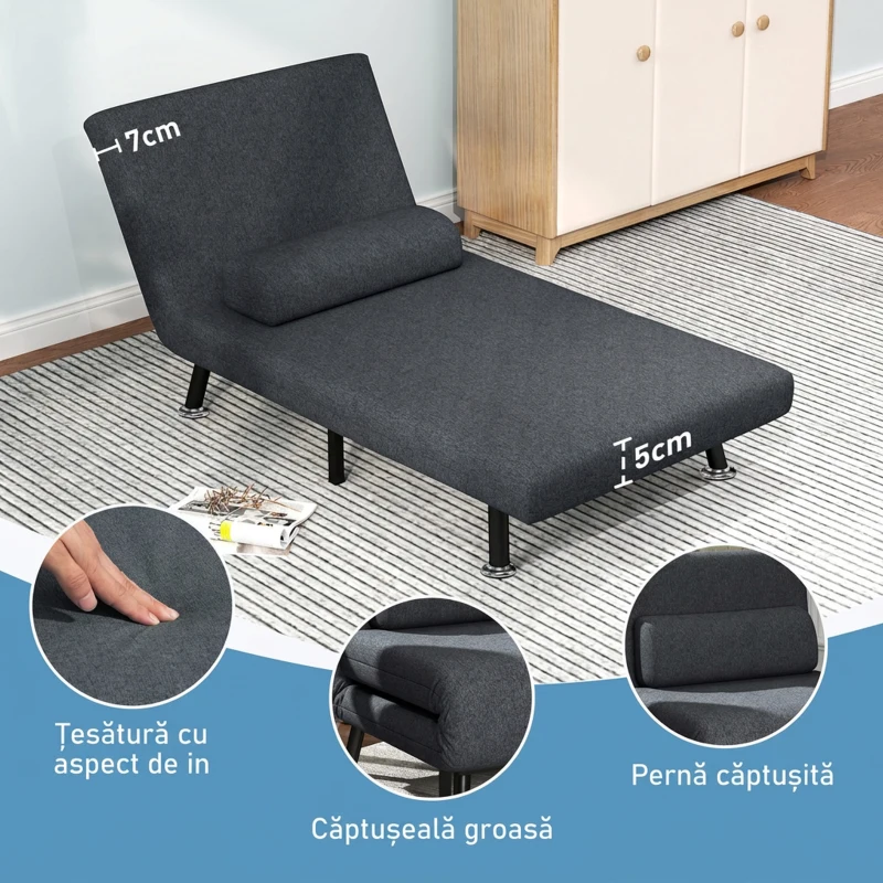 HOMCOM Fotoliu Pat 3 în 1 cu Spătar Reglabil și Pernă, din Material Textil cu Efect de In și Oțel, Gri Închis(m-6)