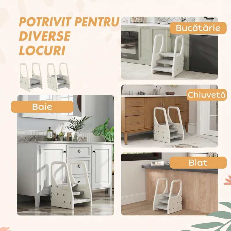 AIYAPLAY Scăunel pentru copii 2-5 ani cu 3 trepte, din HDPE, 43x42x65,5 cm, gri și alb crem