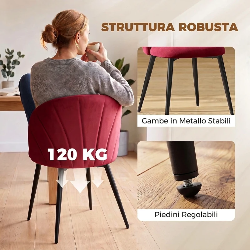 HOMCOM Set 2 Sedie da Pranzo Imbottite con Schienale a Conchiglia in Velluto, 52x55x79 cm, Rosso Vino