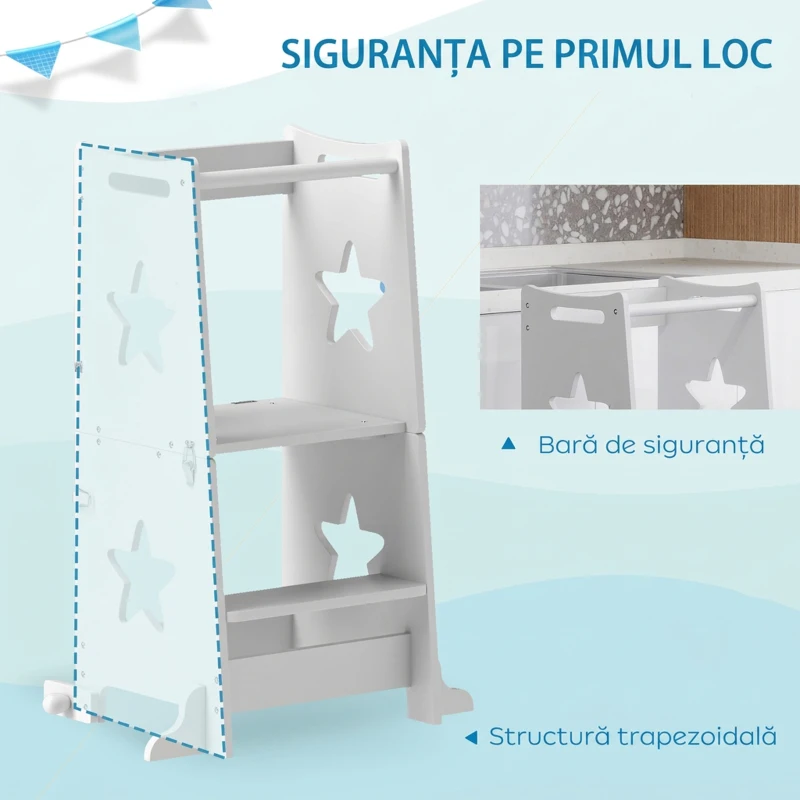AIYAPLAY Scară Montessori Convertibilă în Set Masă și Scaune cu Bară de Siguranță, din Lemn, 60x44,5x86 cm, Alb