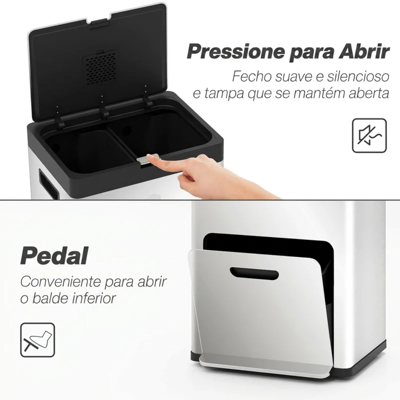 HOMCOM Caixote do Lixo de Cozinha 3 Compartimentos 2x18L+20L (56L) em Aço Inoxidável com Rodas e Tampa de Fecho Suave, Prateado