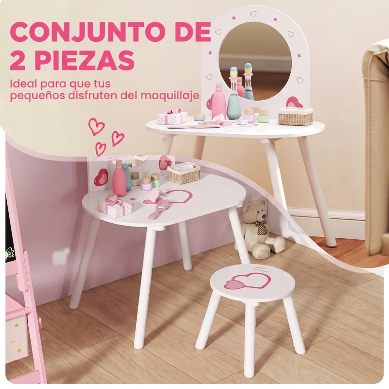 AIYAPLAY Tocador Infantil con Taburete y Espejo Tocador para Niñas con Dibujos de Corazones para Niños y Niñas de 3-6 Años Blanco