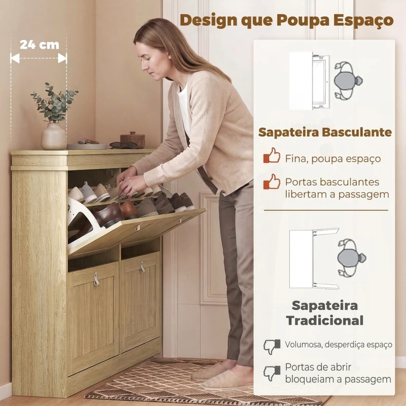 HOMCOM Sapateira Estreita com 4 Portas Basculantes e Prateleiras Ajustáveis para até 20 Pares Efeito Carvalho
