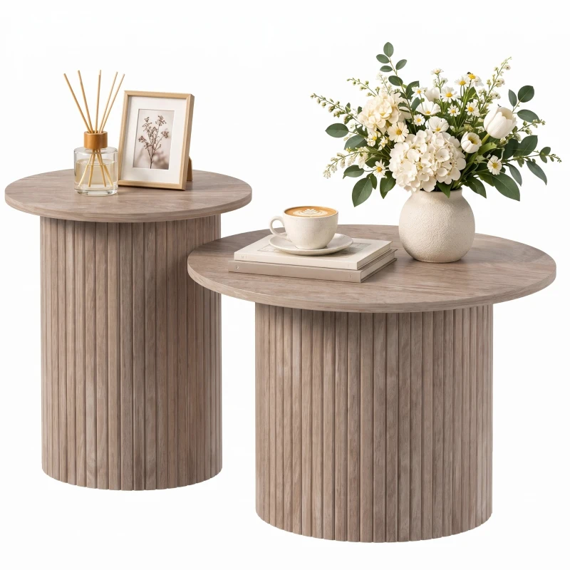 HOMCOM Lot de 2 Tables Basses Rondes en Bois, Table d'Appoint Moderne avec Base en Colonne Cannelée, Effet Bois Café Vieilli