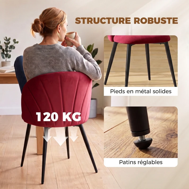 HOMCOM Lot de 2 Chaises de Salle à Manger, Chaises de Cuisine Rembourrées sans Accoudoirs, Pieds en Acier, 52x55x79cm, Bordeaux