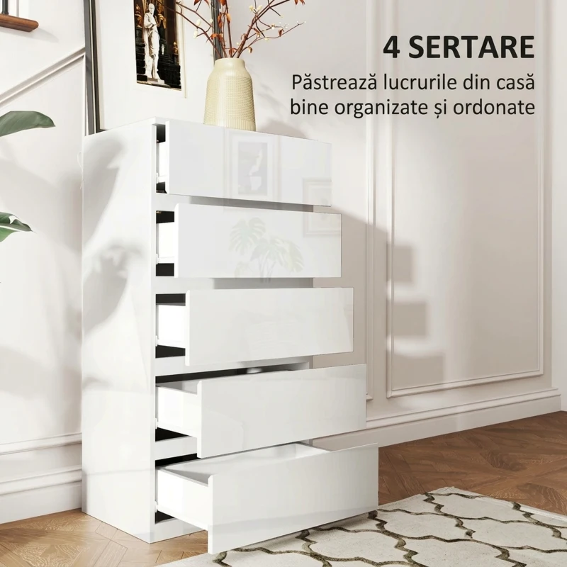 HOMCOM Comodă modernă cu 5 sertare și sistem antirăsturnare, din lemn, 55x33x100 cm, alb lucios