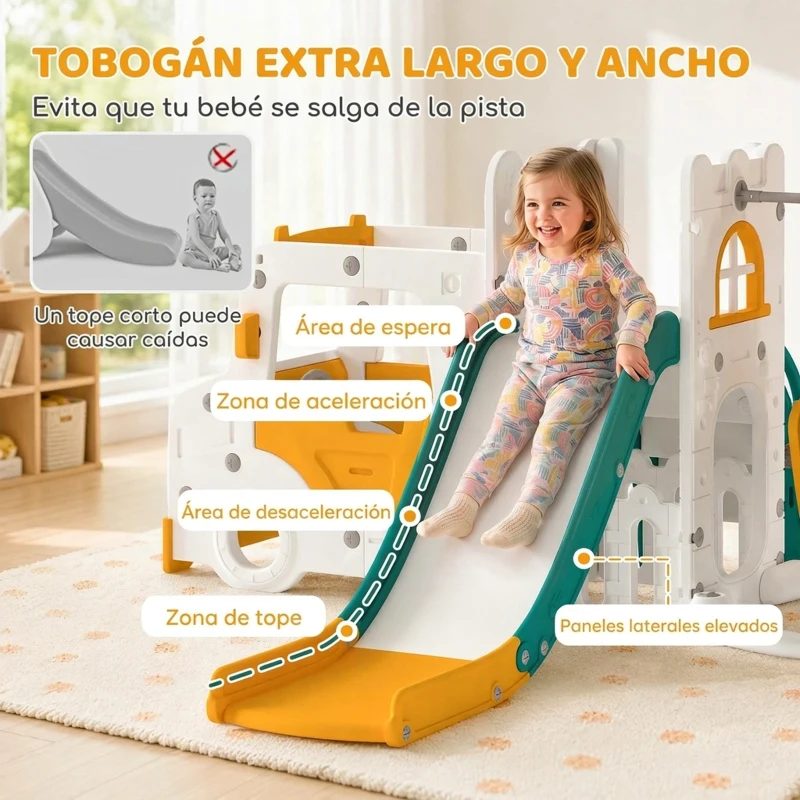 AIYAPLAY Columpio y Tobogán Parque Infantil 7 en 1 Tema de Coche Tobogán Largo Volante con Claxon Almacenaje 1-4 Años Blanco