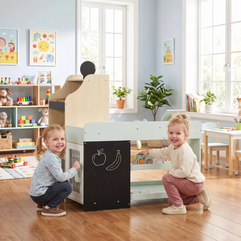 AIYAPLAY Marchande Enfants en Bois, Caisse Enregistreuse, Aliments Factices, Tableau Noir et 44 Accessoires, pour 3 à 6 Ans