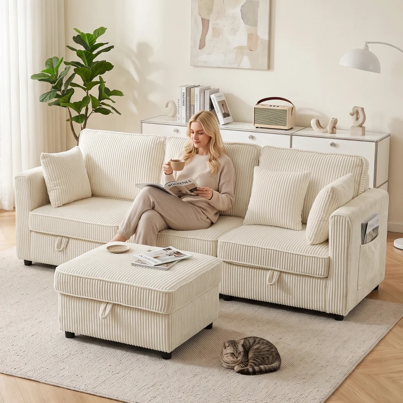 HOMCOM Canapé Chaise Longue 3 places avec Rangement et Ottomane Réversible en Velours Côtelé 235x153x85 cm blanc crème