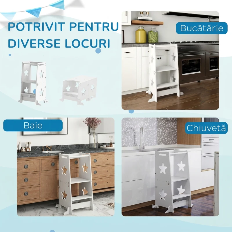 AIYAPLAY Scară Montessori Convertibilă în Set Masă și Scaune cu Bară de Siguranță, din Lemn, 60x44,5x86 cm, Alb