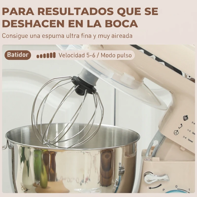 HOMCOM Batidora Amasadora 4,5L 1300W 6 Velocidades Bol de Acero Inoxidable Batidor Gancho Varilla Beige