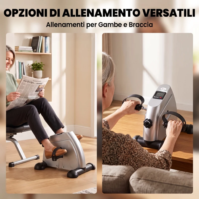 HOMCOM Mini Cyclette Portatile per Gambe e Braccia, Pedaliera per Riabilitazione con Display LCD, Argento